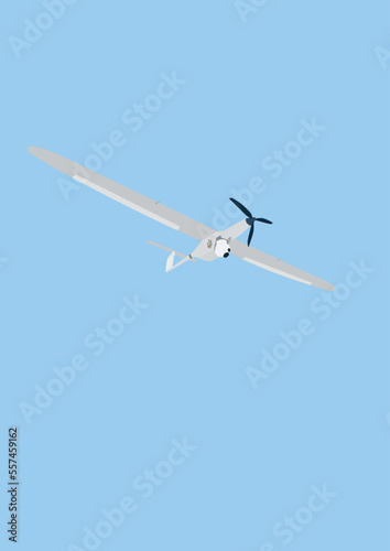 illustration of war drone with camera flying isolated on blue.
