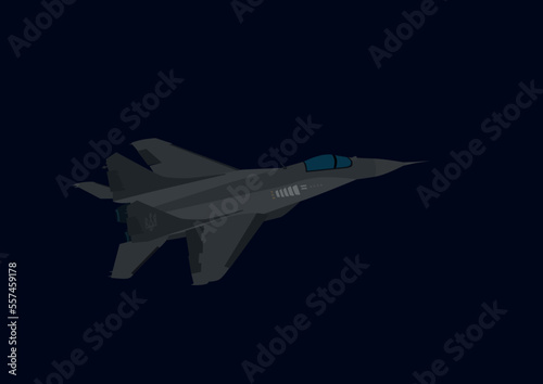illustration of grey unmanned aerial vehicle with Ukrainian trident symbol isolated on black.