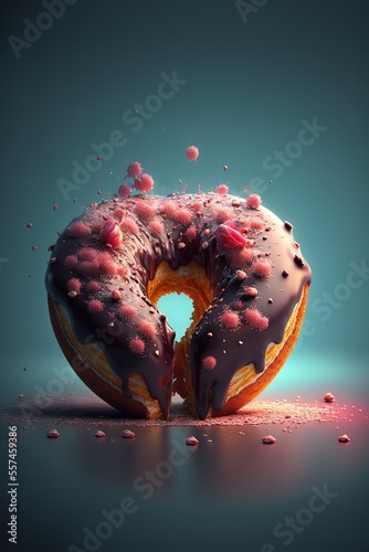  a donut with pink glaze on it sitting on a table with a blue background and a few drops of water. Generative AI photo