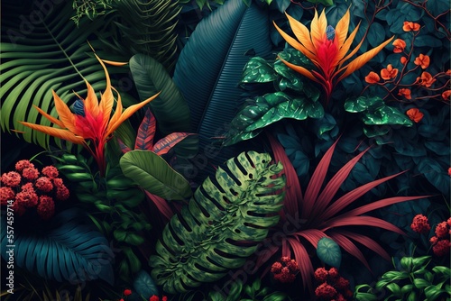 Tropical pattern with jungle vegetation and exotic fauna  Generated AI 