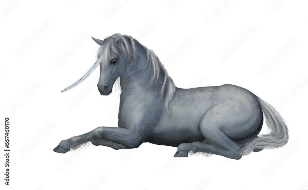 A white unicorn with a curved horn laying down with a transparent background. 
