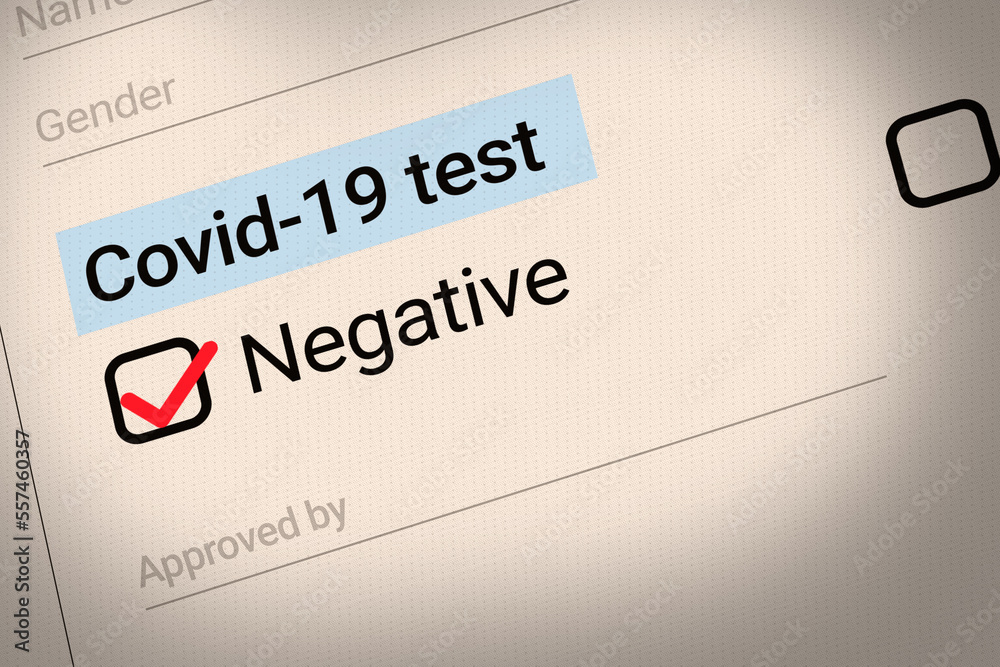 Covid-19 test negative report background with a red check mark inside the box. Coronavirus form or report concept design Covid-19 test negative report background with a red check mark inside the box. Coronavirus form or report concept design