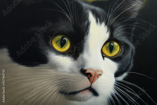 a painting of a black and white cat with yellow eyes  an oil on canvas painting  animals art