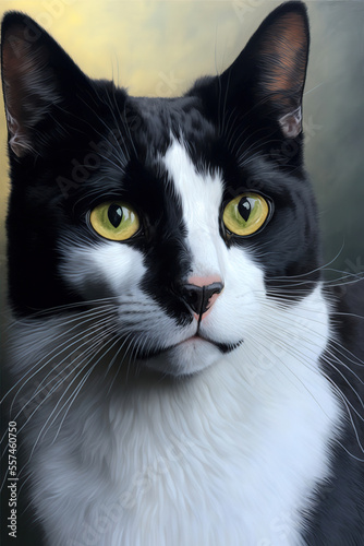 a painting of a black and white cat with yellow eyes, an oil on canvas painting, animals art