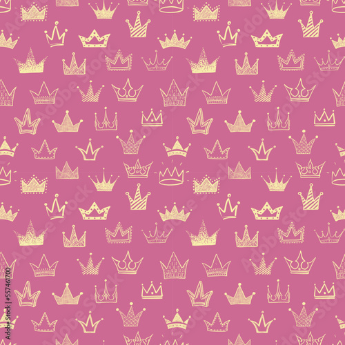 Fototapeta Naklejka Na Ścianę i Meble -  Seamless backrgound with yellow doodle crowns on pink background. Can be used for wallpaper, pattern fills, textile, web page background, surface textures.