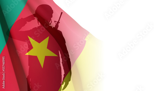 Silhouette of saluting soldier on white background with Cameroon flag. Background for National Holidays. EPS10 vector