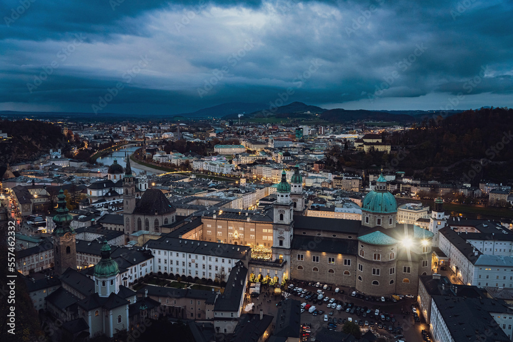 Beautiful of Aerial panoramic winter view of historic Salzburg, Austria, with Salzach river, Christmas markets and dramatic sky  - Medium - Landscape