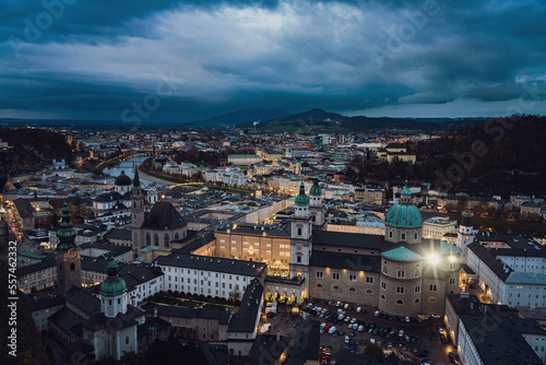 Beautiful of Aerial panoramic winter view of historic Salzburg, Austria, with Salzach river, Christmas markets and dramatic sky - Medium - Landscape