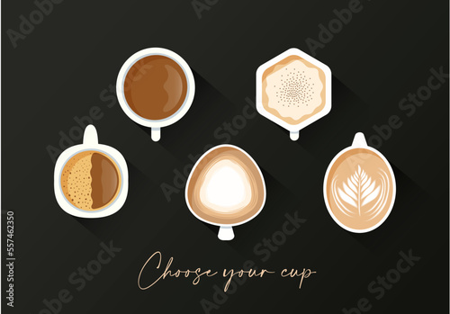 Coffee, latte, tea, mocha, americano in different types of cups on the black background top view. Different cups of coffee drinks flat lay. 