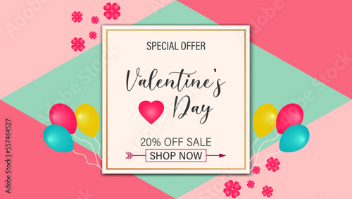 Valentine's Day Sale 20% Off Poster or banner with sweet heart and pink background