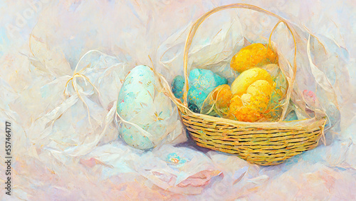 Happy easter, Easter painted eggs in the basket. decoration. copy space.
