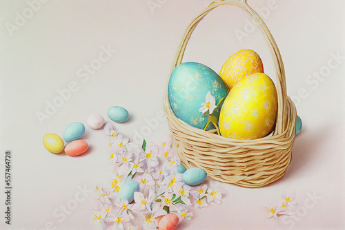 Happy easter, Easter painted eggs in the basket. decoration. copy space.