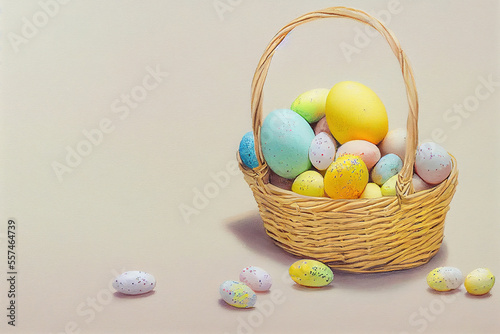 Happy easter, Easter painted eggs in the basket. decoration. copy space.