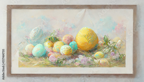 Happy easter, Easter painted eggs in the basket. decoration. copy space.
