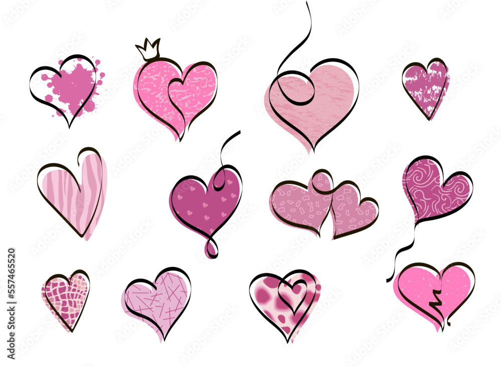 Set of pink beautiful doodle hearts