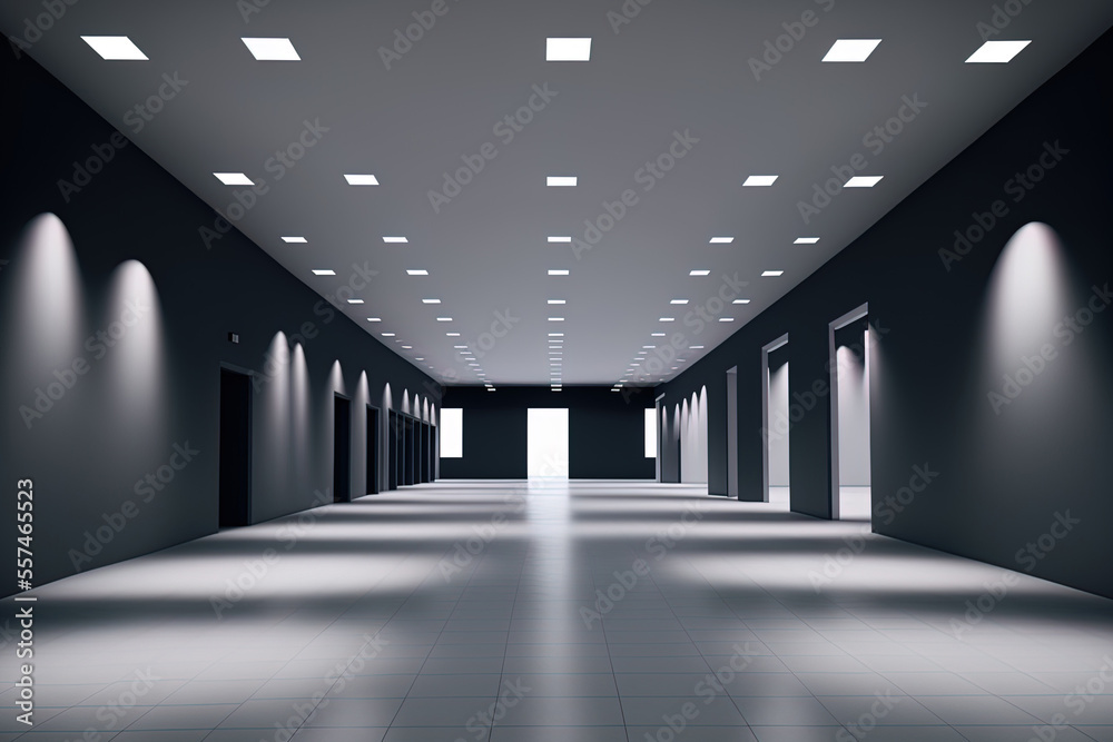 Empty exposition center with a hall. The setting for an exhibition booth, gallery, or trade fair. Discussion for an activity or gathering. Sports, entertainment, and event arena. Indoor stadium and ar