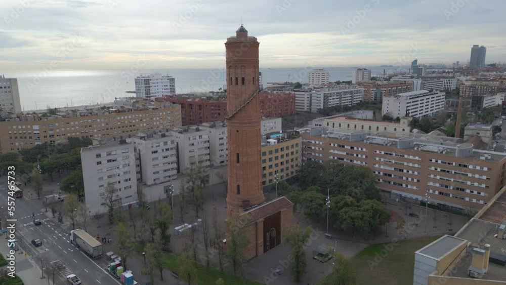 alt flying counter clockwise around Besos Water Tower in Poblenou Barcelona alt flying counter clockwise around Besos Water Tower in Poblenou Barcelona