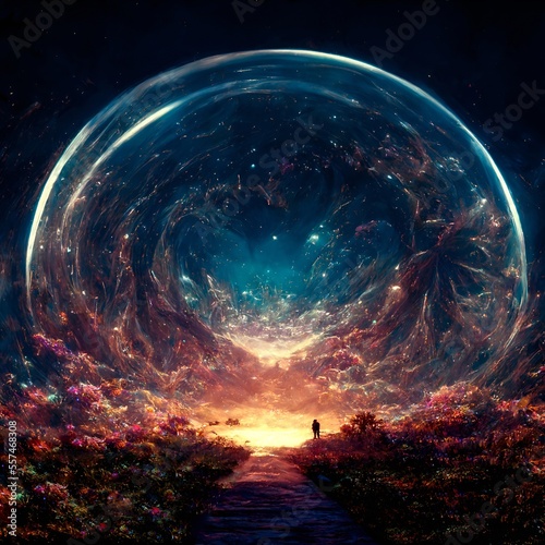 A path leading to heaven through the middle of a meadow of blooming flowers surrounded by a glass bubble. Dreamland. The world after death or during a psychedelic journey. Generative AI illustrations photo