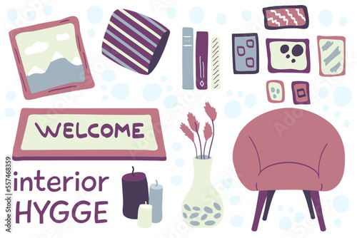 Set of Hygge interior items - an armchair, a houseplant, candles, a carpet Welcome, a striped pillow, a lot of photos, a picture, books. Cozy room, homely atmosphere. Vector illustration