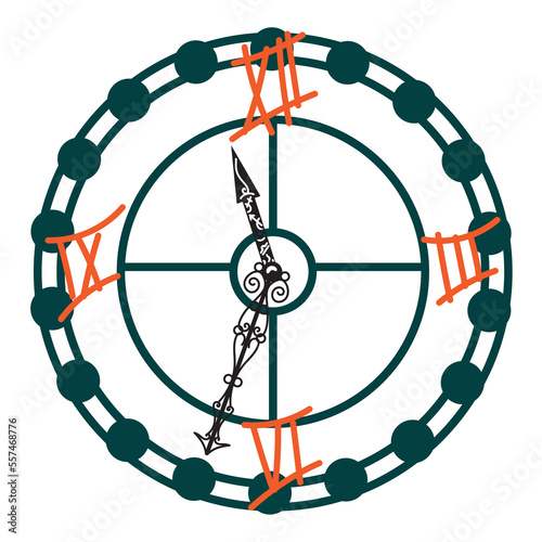 Round clock in horror mood, horoscope, flat style minimalism, vector. Style for Halloween or astrology delicate patterns on the arrows, hints, payback time
