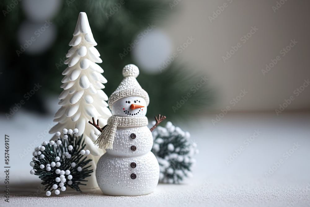 Obraz premium New Year's card with a toy snowman and a bright background that is minimalistic. Generative AI
