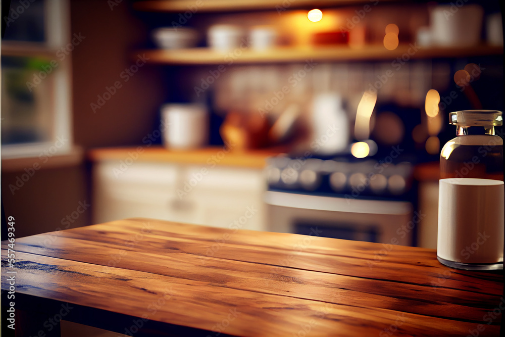 Wood table top on blur kitchen created with Generative Ai Wood table top on blur kitchen created with Generative Ai
