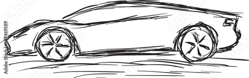 Fast sports car - hand drawing with thin black strokes on a white background.