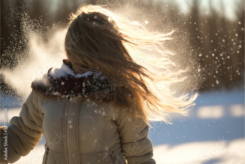a woman in a white jacket is throwing snow in the air and she is wearing a scarf and a scarf around her neck.