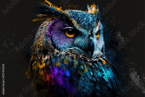 a colorful owl with a black background and a black background with a black background and a black background with a white border., generative ai