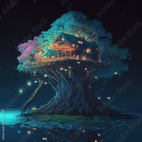 Digital art of a Fantasy Treehouse using AI. © Kazi
