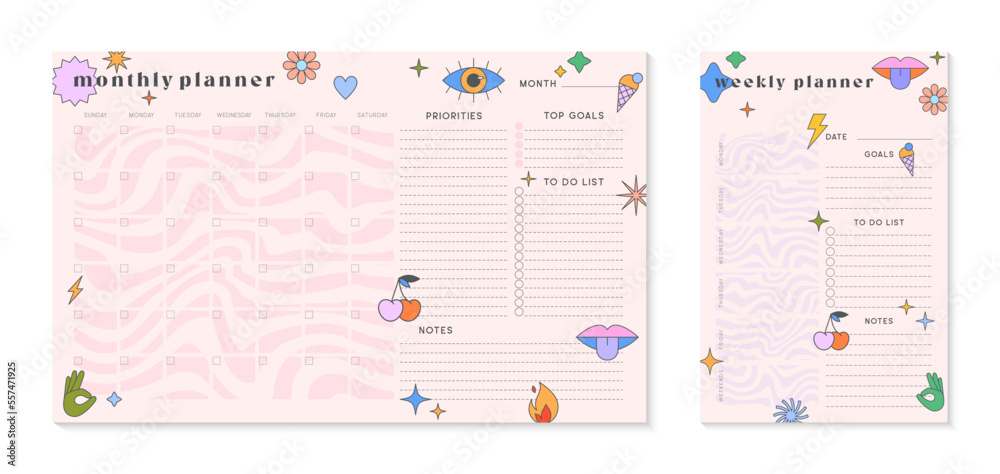 Vector weekly and monthly planners templates with y2k patches,icons and emblems.Organizer and schedule with place for notes;goals,to do list.Trendy layouts in 90s groovy aesthetic. Modern designs