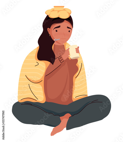 woman sick drinking tea hot