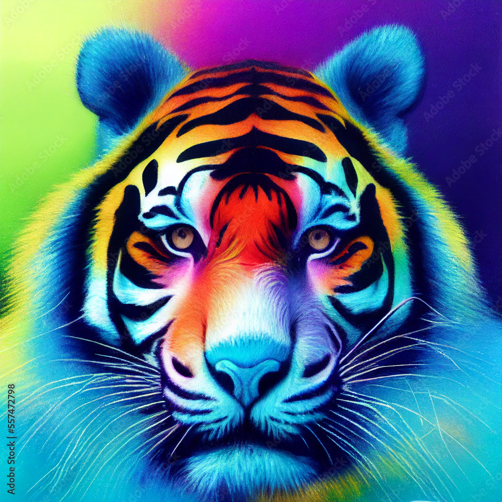 Colorful tiger head, fantasy synthwave style