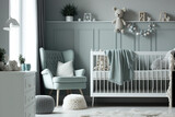 Stylish nursery with a cozy crib. Inside out design. Generative AI