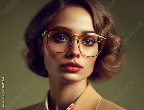 Portrait of beautiful elegant woman, retro 70s style. AI generated image.	