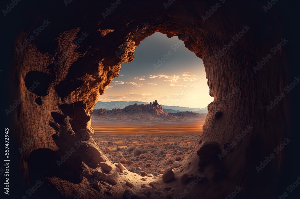 A view of a rocky landscape through a hole in the rock. Landscape. Art. Generative AI.