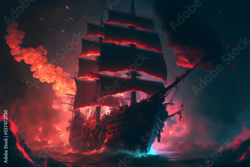 A fierce battle between a pirate frigate with black sails and a Demon Slayer ship, illuminated by cannon shots and smoke, as the stormy night sky turns red and one of the ships sinks into the depths