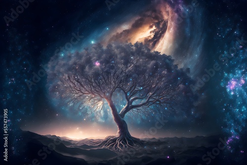 This beautiful illustration shows a tree standing among a night sky filled with stars and a distant galaxy. The scene is tranquil and peaceful, giving a sense of calm and serenity.