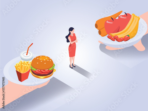 Confused woman to choose junk foods or healthy foods