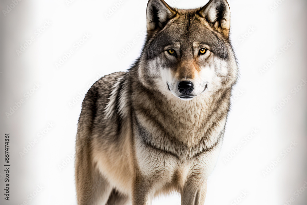 Isolated on a white backdrop is a gray wolf. Generative AI