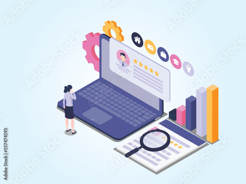 Job hiring and online recruitment using laptop computer vector concept: Search the best employee CV resume candidate to increase profit