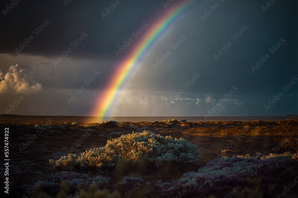 A rainbow shines in the sky. Landscape. Art. Generative AI.