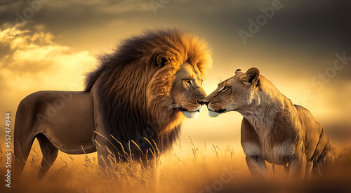 Majestic African lion couple loving pride.	