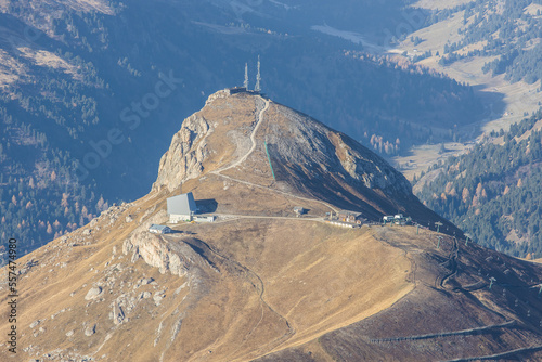 Aerial view onto the summit of Col Rodella in the Dolomites short before winter season photo