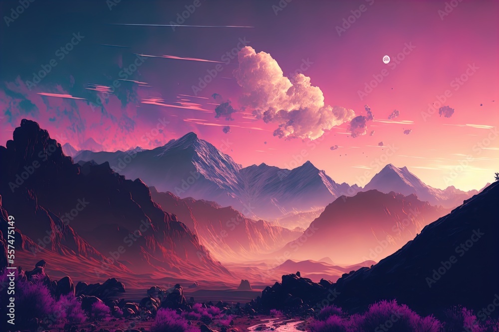 A purple and pink sky with mountains in the background. Landscape. Art. Generative AI.