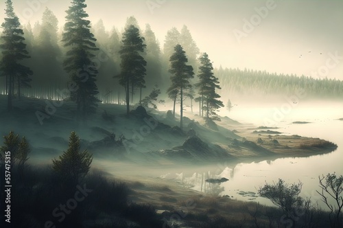 A foggy landscape with trees in the distance. Landscape. Art. Generative AI.