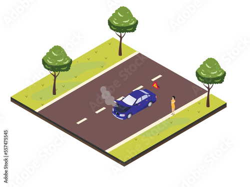Woman with broken car machine