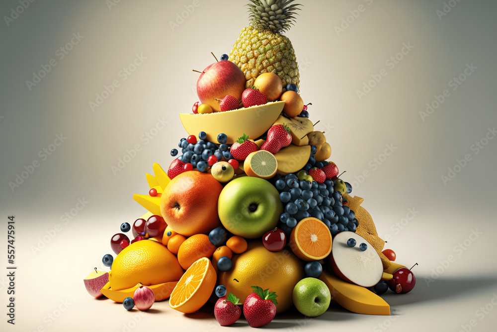 Fruit pile up close and white, solitary. The idea of leading a healthy lifestyle includes diets. Generative AI