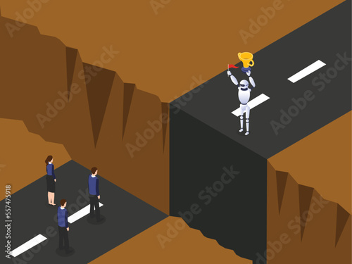 Robot defeat business people to get a trophy on the road