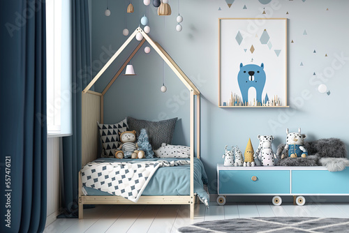Interior mock up of a children's bedroom in a Scandinavian design with a wooden bed and soft hues,. Generative AI